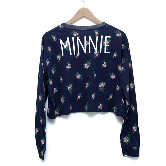 Disney Minnie Mouse Cotton Long Sleeve Shirt Floral Logo Navy Blue Lightweight - Picture 3 of 7